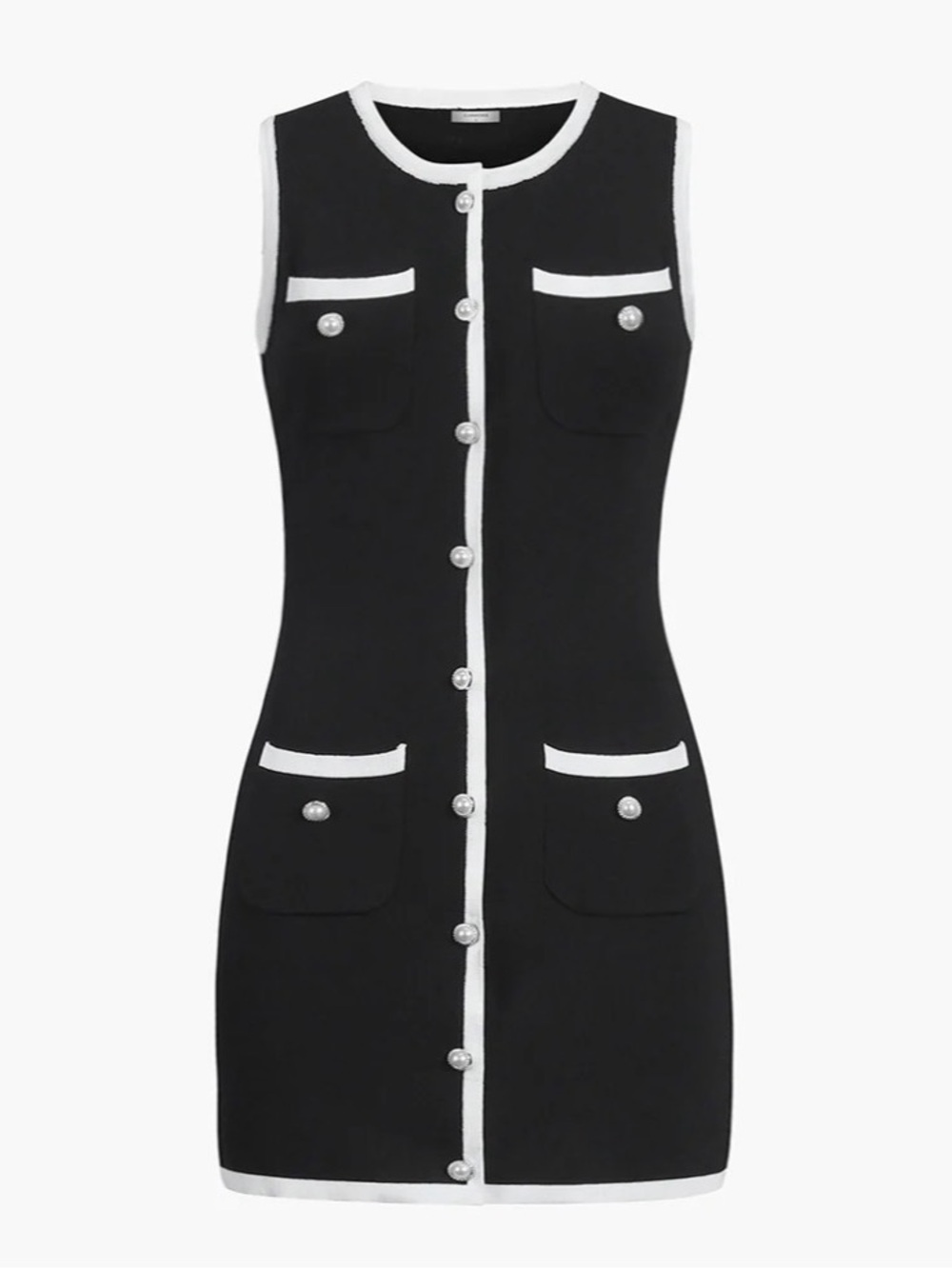 Commense Black White Contrast Trim Pearl Button Knit Mini Dress XS